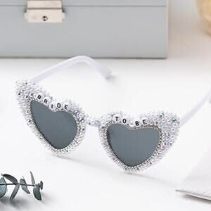 New Pantide Bride To Be White Pearl Rhinestone Sparkle Heart Shaped Sunglasses